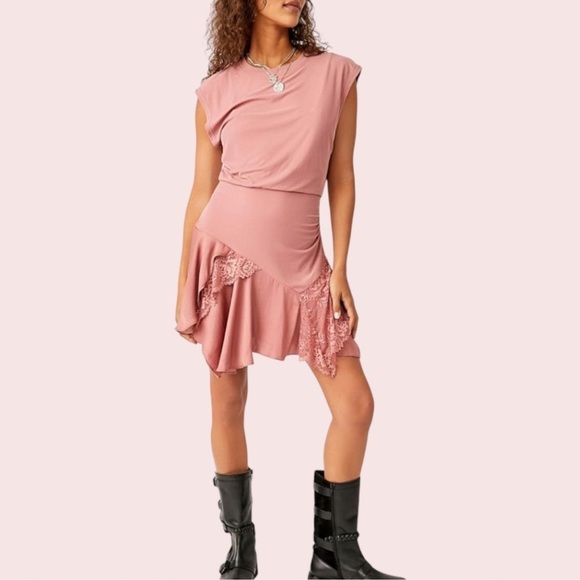 Free People Jazzy Dress Pink Rose Large Blouson Asymmetrical Hemline Lace Boho - Picture 16 of 16